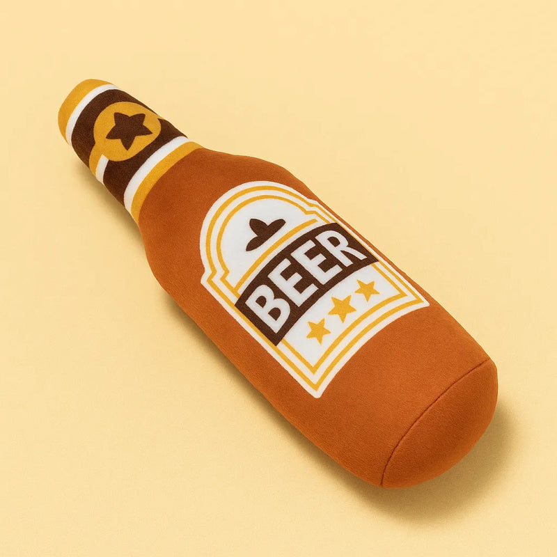 Gioco per cani a forma di bottiglia di birra arancione in peluche, resistente e con suono, ideale per divertimento e morsi