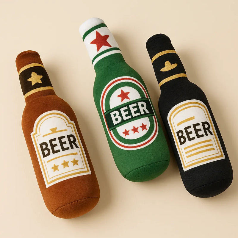 Gioco per cani a forma di bottiglia di birra in peluche, resistente e divertente, ideale per morsi e igiene orale