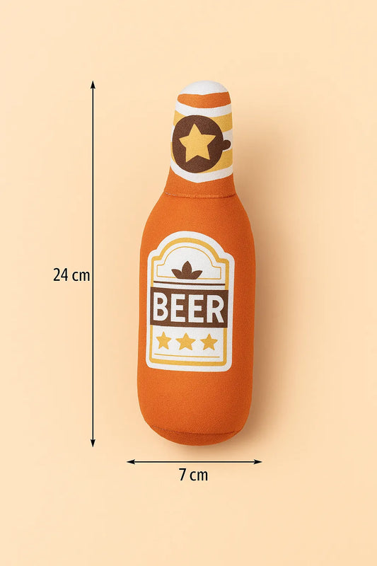 Gioco per cani in peluche a forma di bottiglia di birra arancione, morbido, sonoro e resistente – dimensioni 24x7 cm