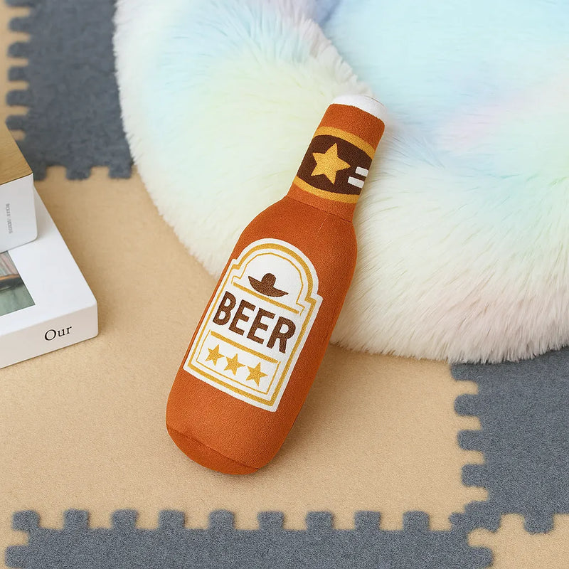 Gioco per cani a forma di bottiglia di birra arancione, in peluche morbido e resistente, con suono per stimolare il gioco