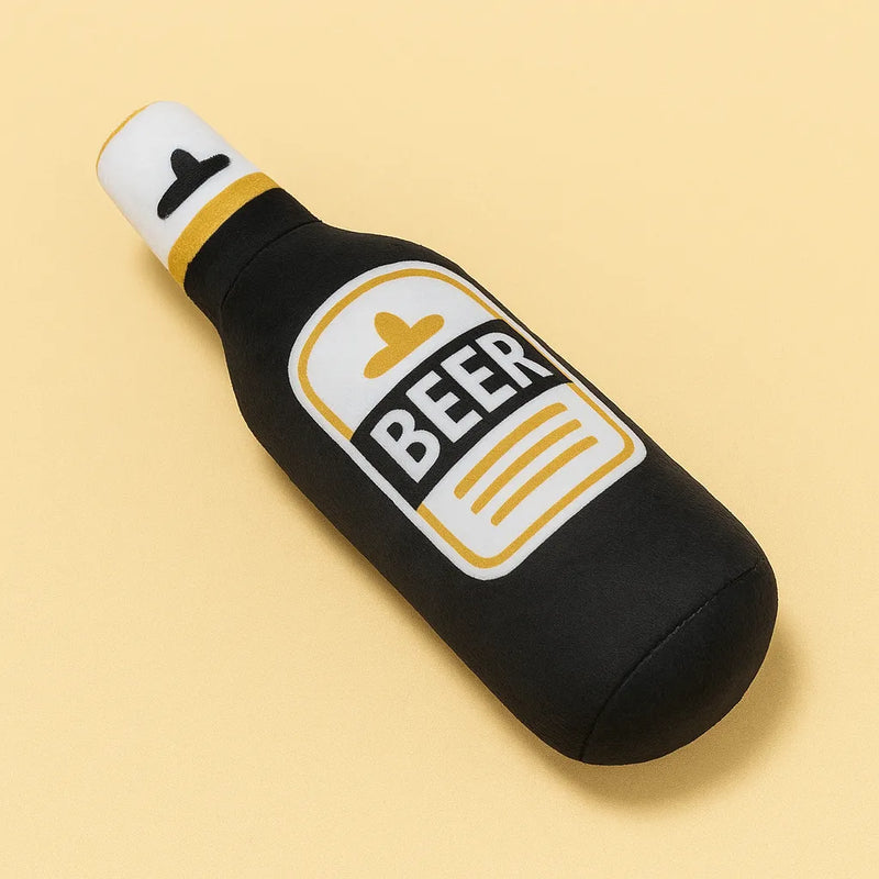 Gioco per cani a forma di bottiglia di birra nera in peluche, resistente e sonoro, perfetto per il gioco e l’igiene orale
