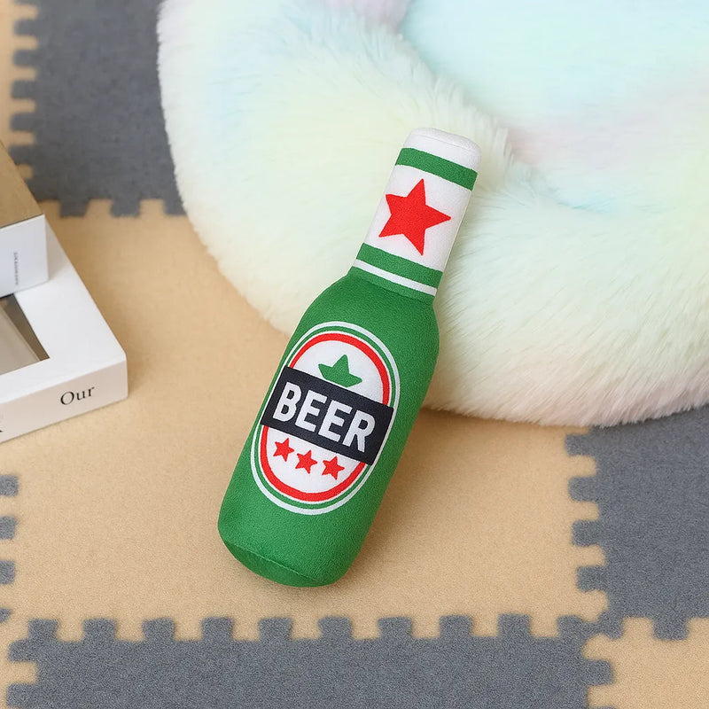 Gioco per cani a forma di bottiglia di birra verde in peluche, morbido e resistente, con effetto sonoro per stimolare il gioco