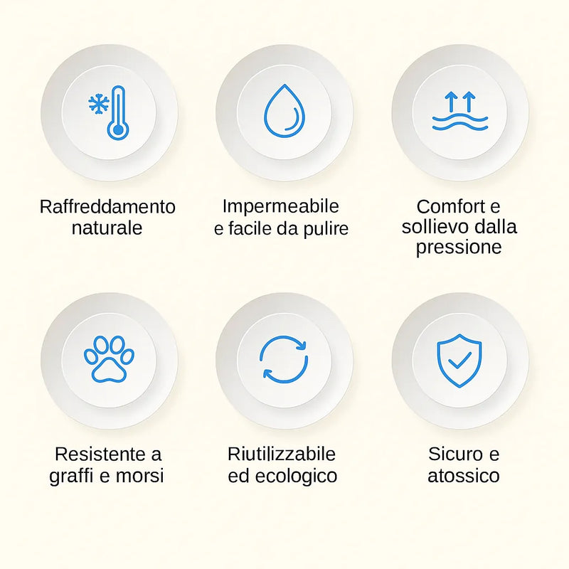Icone caratteristiche tappetino rinfrescante per cani – impermeabile, sicuro, riutilizzabile, resistente, comodo e refrigerante