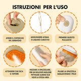 Istruzioni illustrate per l’uso della spazzola a vapore per cani e gatti: riempi, attiva, spazzola e pulisci