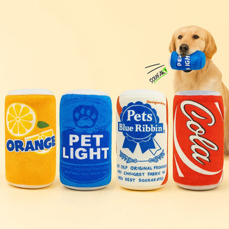 Giochi in peluche per cani a forma di lattine colorate con squeaker, ideali per stimolare e divertire