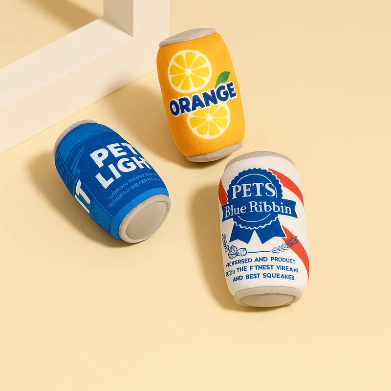 Set di 3 giochi in peluche per cani a forma di lattina, morbidi e colorati, perfetti per il gioco quotidiano