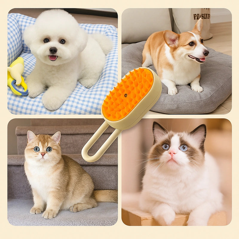 Collage con cani e gatti di diverse razze e una spazzola a vapore con setole in silicone, adatta alla cura del pelo di animali a pelo lungo e corto.