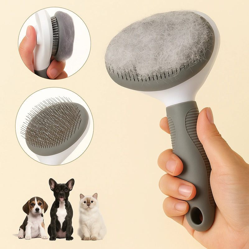 Mano che tiene una spazzola autopulente per cani e gatti, con primo piano dei dentini in metallo e funzione a pulsante per rimuovere facilmente il pelo raccolto.