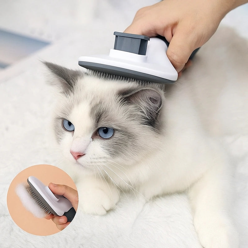 Gatto a pelo lungo spazzolato con una spazzola autopulente, ideale per eliminare il pelo in eccesso e mantenere il mantello morbido e pulito.