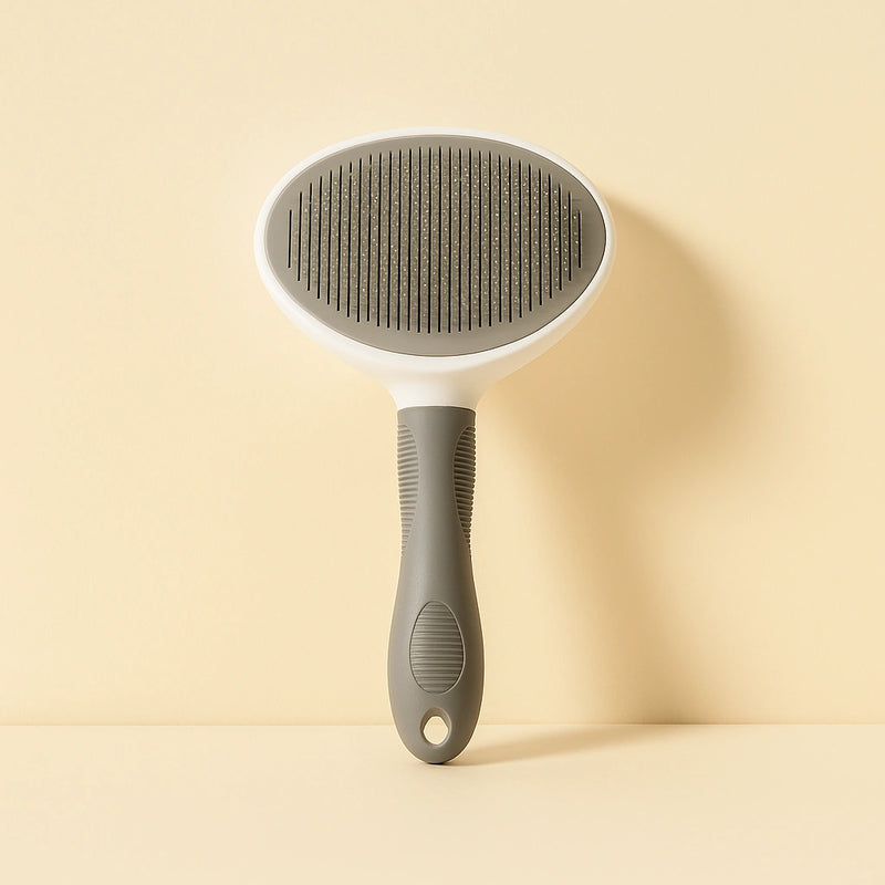 Spazzola autopulente con setole in acciaio e manico antiscivolo su sfondo beige e azzurro, in stile fotografico professionale da catalogo.