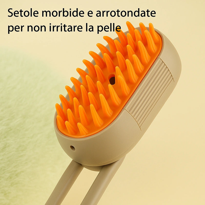 Primo piano delle setole morbide e arrotondate in silicone della spazzola per animali domestici, ideali per una toelettatura efficace e senza irritazioni.