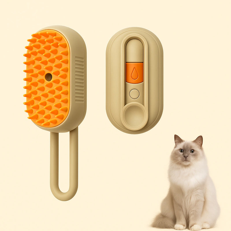 Spazzola a vapore arancio e beige per la toelettatura di gatti a pelo lungo e corto, con testina morbida e design compatto.
