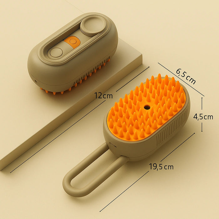 Spazzola a vapore per cani e gatti con setole arancioni in silicone e misure dettagliate 19,5x6,5x4,5 cm e 12 cm, ideale per massaggiare e rimuovere il pelo.