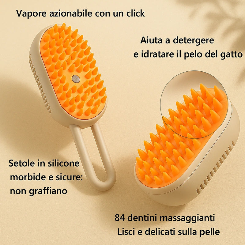 Spazzola a vapore per gatti con setole in silicone morbide e 84 dentini arrotondati, ideale per massaggiare, detergere e idratare il pelo del tuo animale domestico.