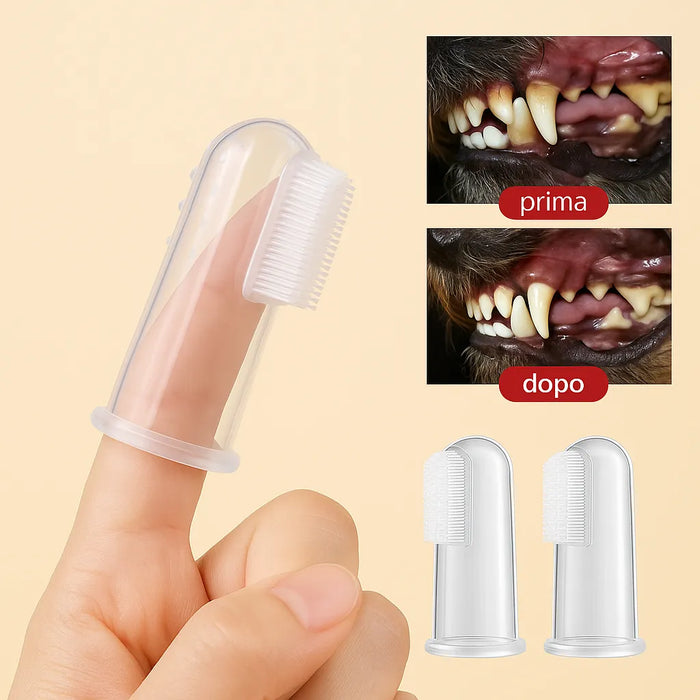 Spazzolino da dito per cani con immagini prima e dopo la pulizia dei denti, denti bianchi e sani ​