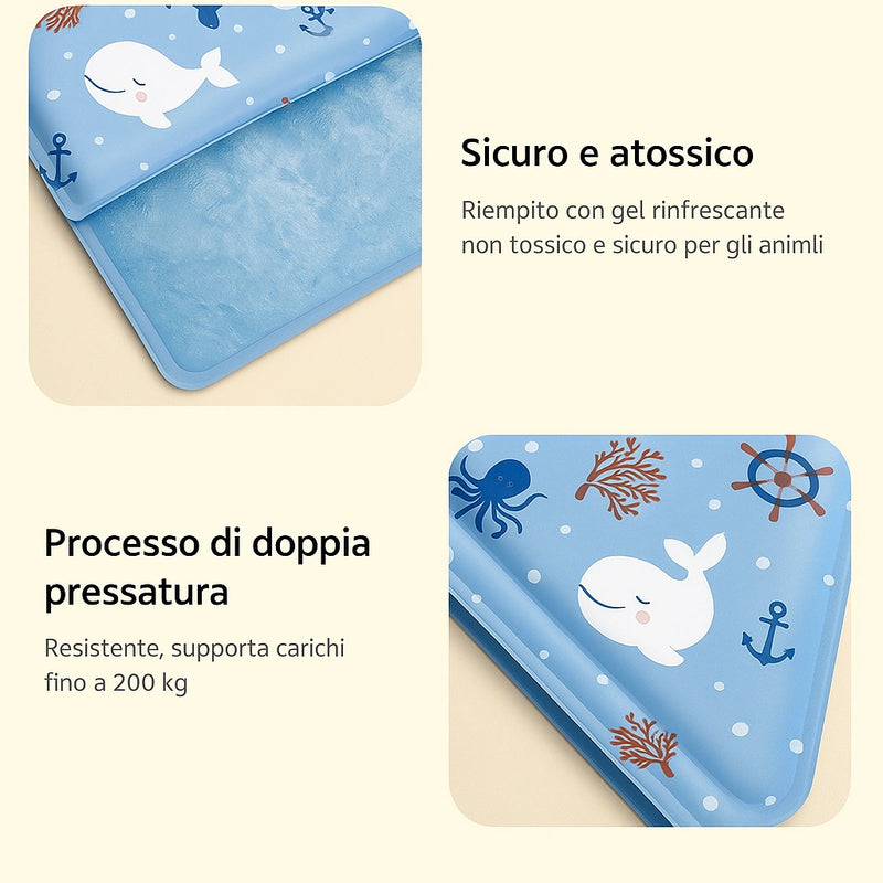 Tappetino blu per animali con stampa marina e gel refrigerante atossico, resistente fino a 200 kg