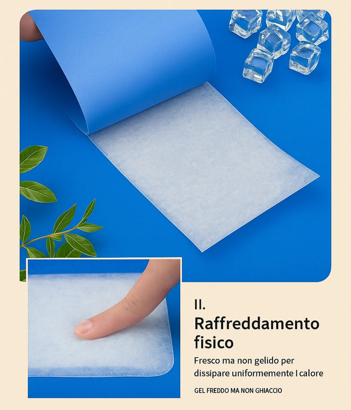 Gel interno del tappetino refrigerante per cani con effetto fresco, mostrato con dettaglio di compressione dita e cubetti di ghiaccio