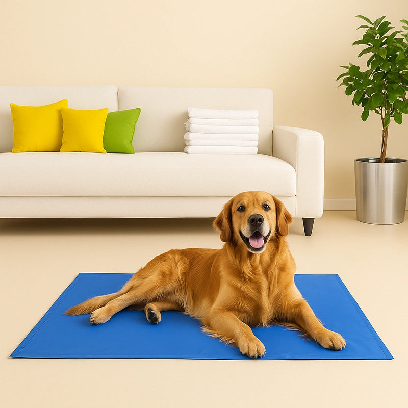 Golden Retriever disteso su tappetino refrigerante per cani, stile professionale da catalogo con sfondo beige