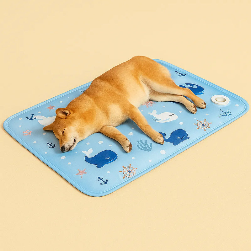 Shiba Inu che dorme su tappetino rinfrescante per cani con fantasia marina – comfort e freschezza estiva
