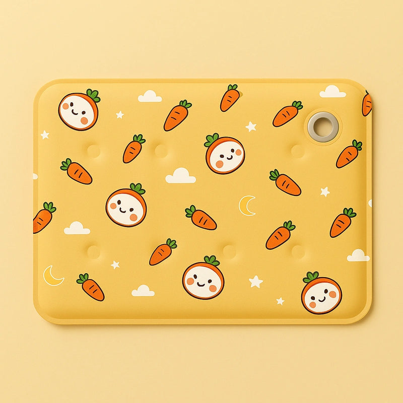 Tappetino refrigerante giallo per animali con disegni di carotine e faccine sorridenti, perfetto per l’estate
