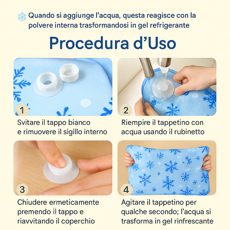 Procedura d’uso tappetino rinfrescante per cani – istruzioni chiare con immagini per l’attivazione del gel refrigerante